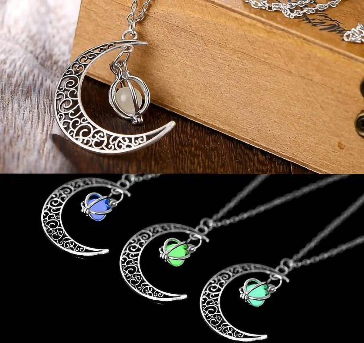 Anvirtue Moonstone Glow Necklace Pendant Chain Green Healing Quartz Alloy