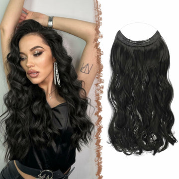 FESHFEN Invisible Wire Hair Extensions 20" Long Wavy Synthetic Black