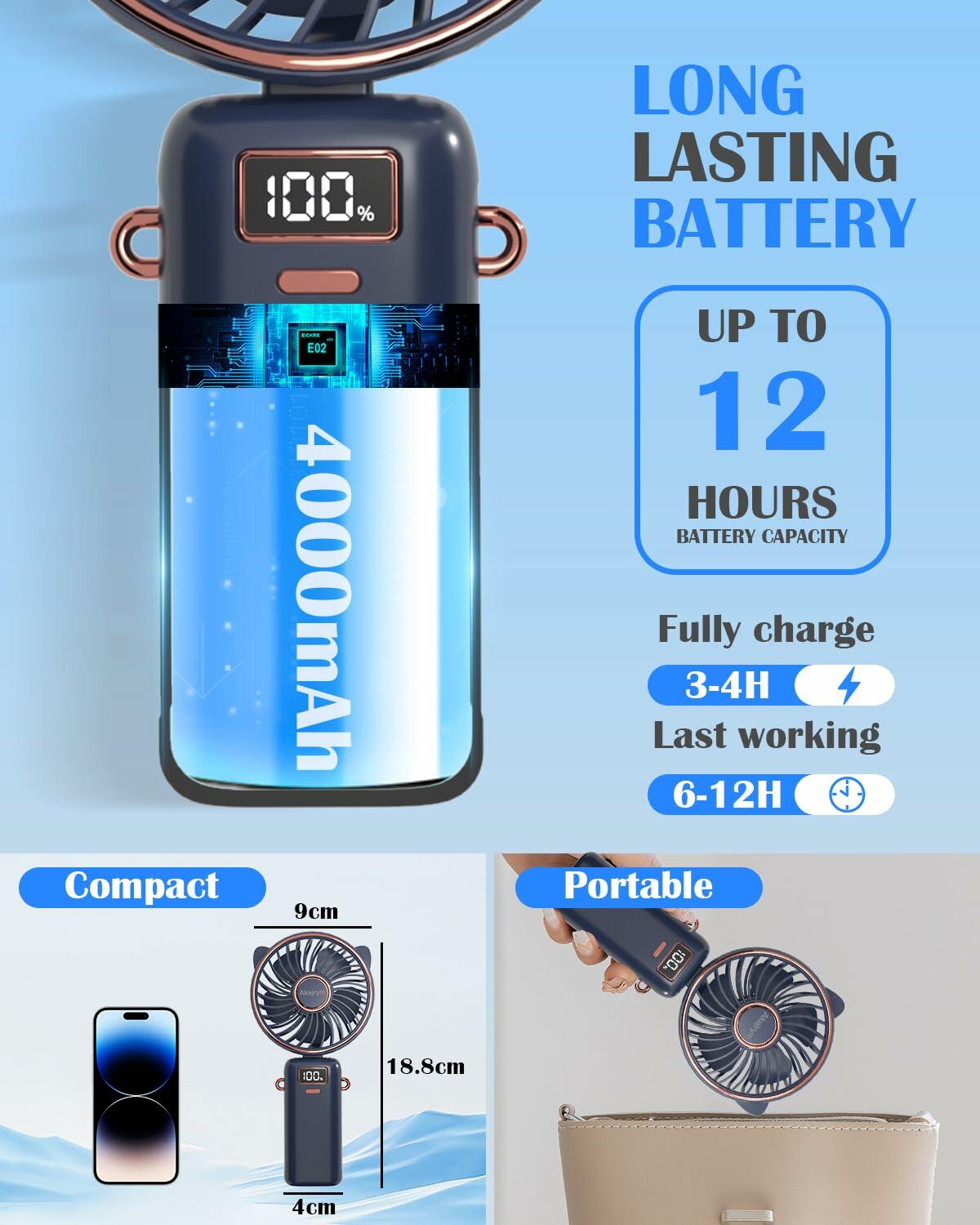 Akejrym Portable Handheld Fan 4000mAh LED Display 5 Speeds 90° Adjustable Blue