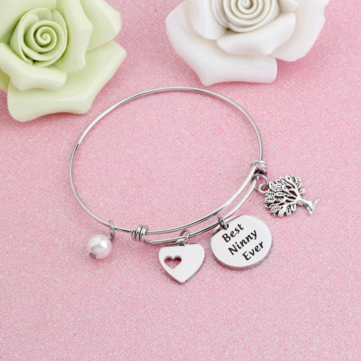 FEELMEM Best Ninny Ever Family Tree Bracelet Stainless Steel Box Chain