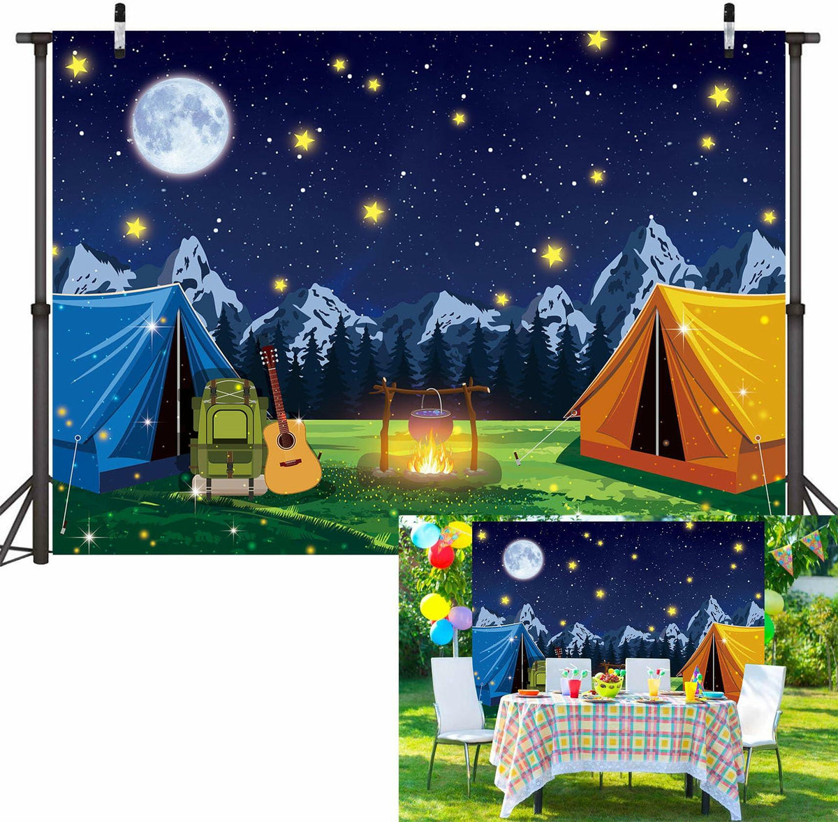 PGSWEER Camping Backdrop 7x5FT Blue Crepe Paper Campfire Mountain Banner