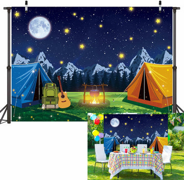 PGSWEER Camping Backdrop 7x5FT Blue Crepe Paper Campfire Mountain Banner