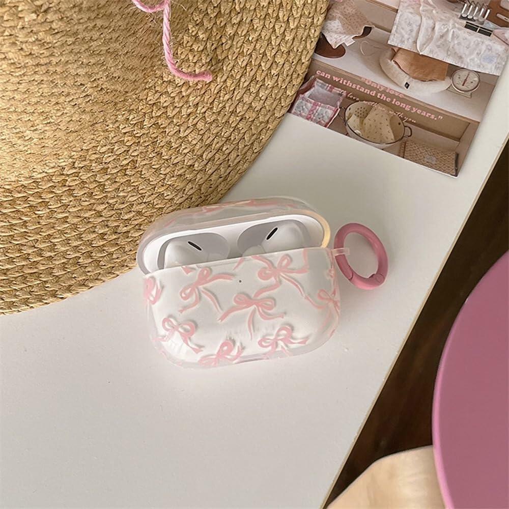 Reownest AirPods Pro 2 Case Soft Clear Bow Pattern Shockproof Keychain Cover