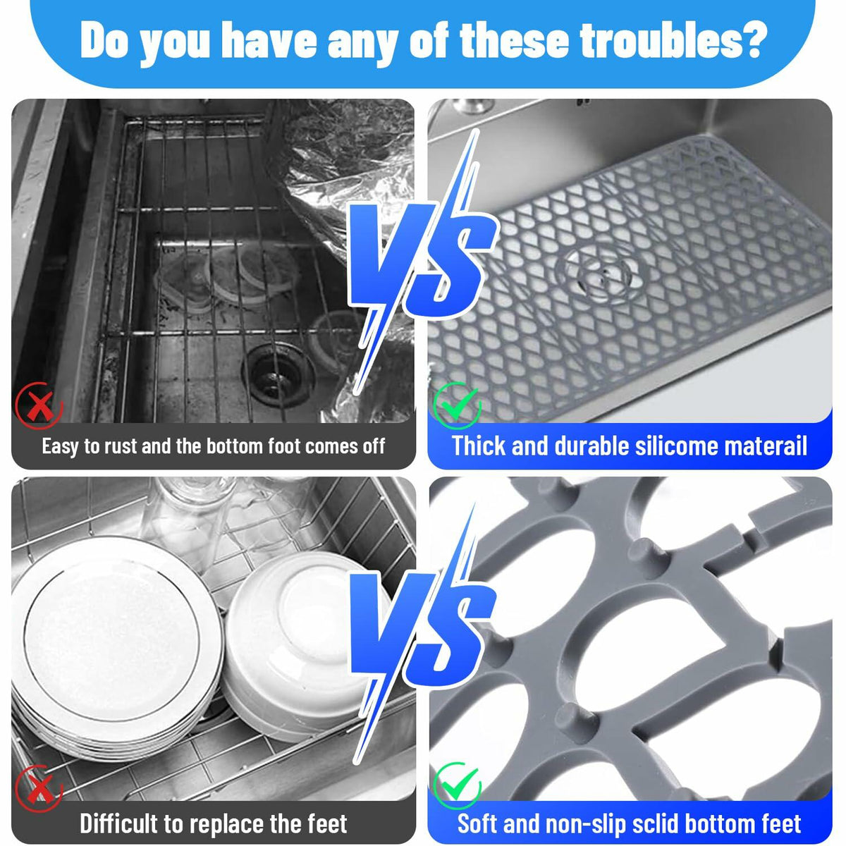 YIRAYUETT Silicone Non-Slip Kitchen Sink Grid Mat 25.9x13.7 Gray