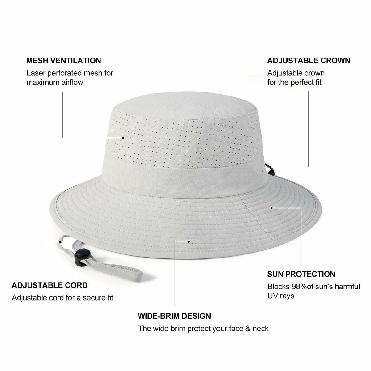 VOBOOM Breathable Wide Brim Sun Hat UV Protection Fishing Cap Grey