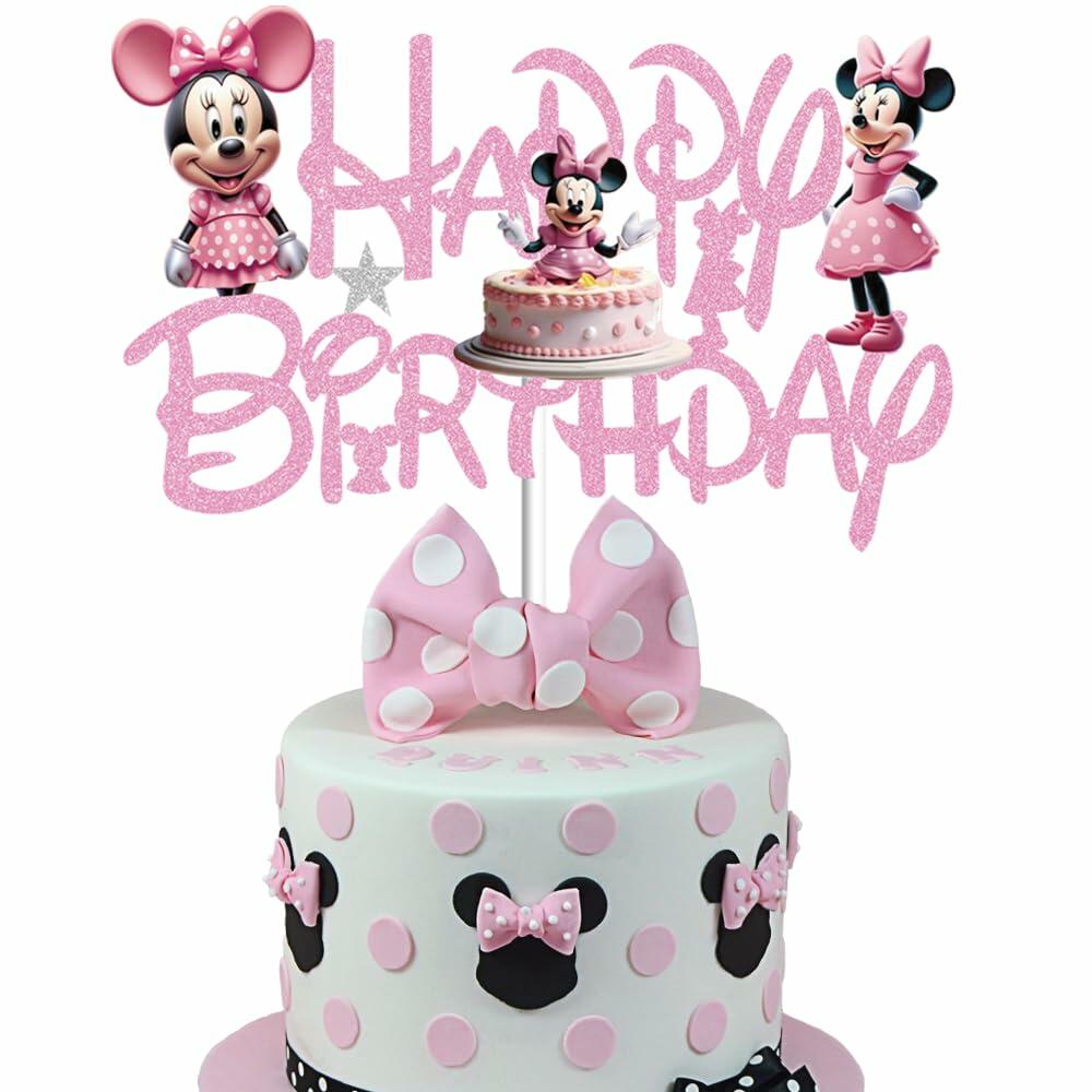 huizebaozhuang Pink Mouse Cake Topper Glitter Double-Sided Birthday Party