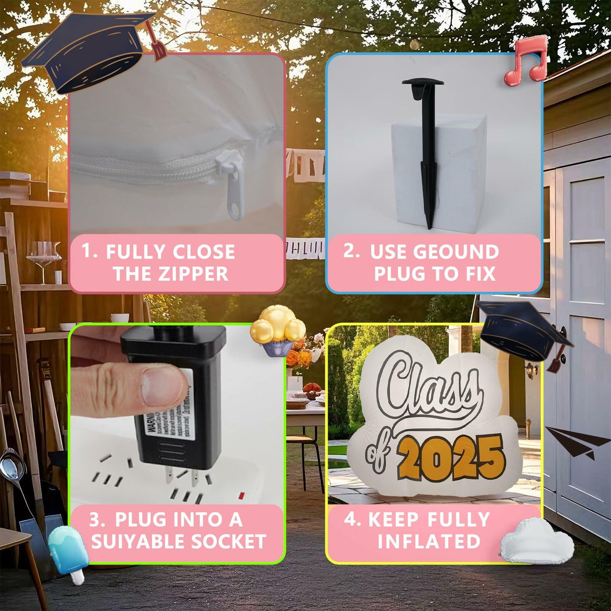 InfleasJoiy 4FT Graduation Inflatable Street Sign LED White Outdoor Decor