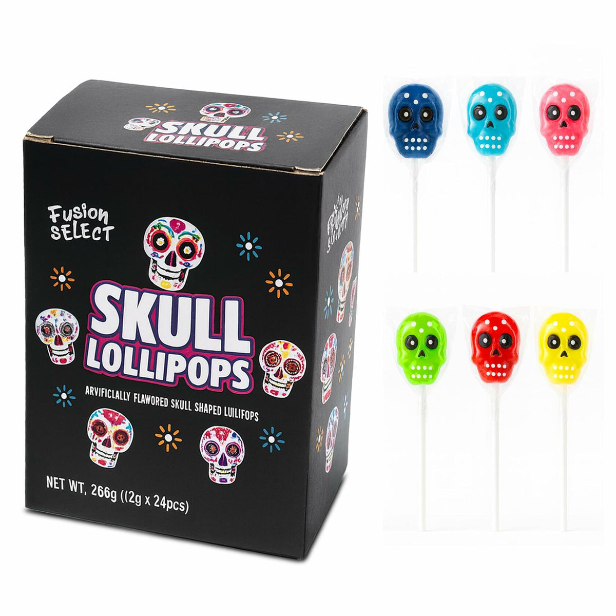 BestBy06/27 Fusion Select Sugar Skull Lollipops 24 Pc Colorful Halloween Candy