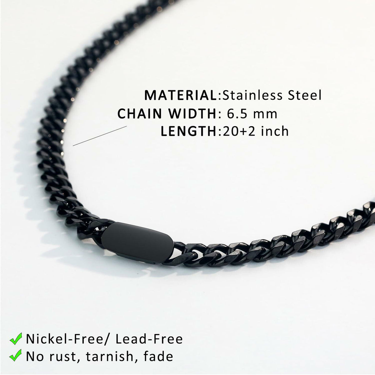 WINFY Cuban Link Necklace Men 6.5mm 18+2in Stainless Steel Black