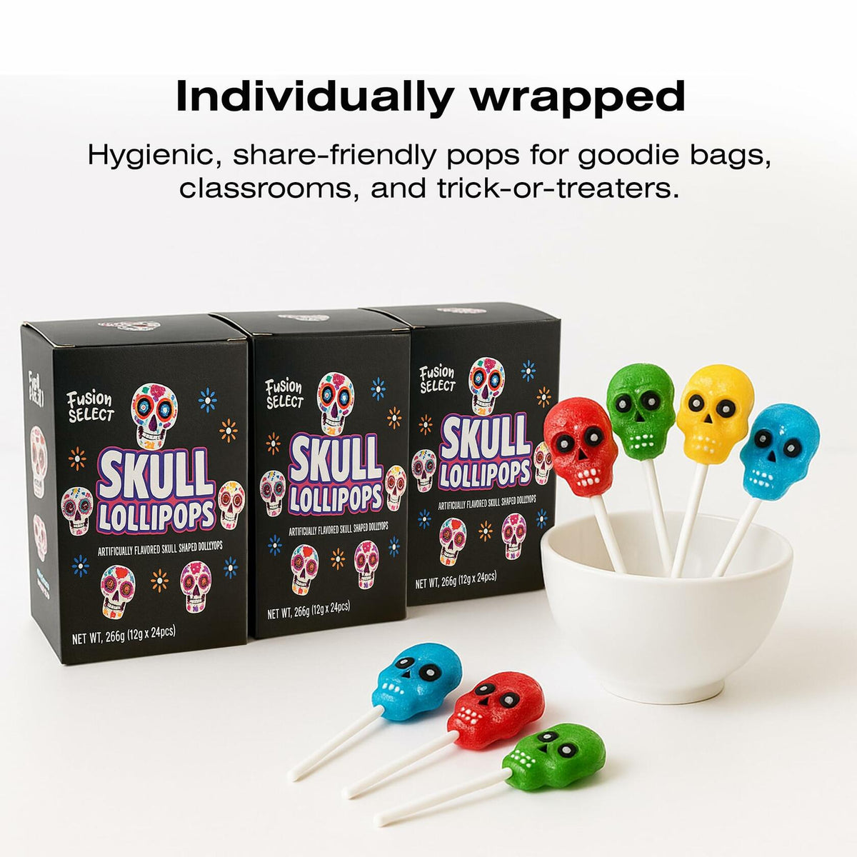 BestBy06/27 Fusion Select Sugar Skull Lollipops 24 Pc Colorful Halloween Candy