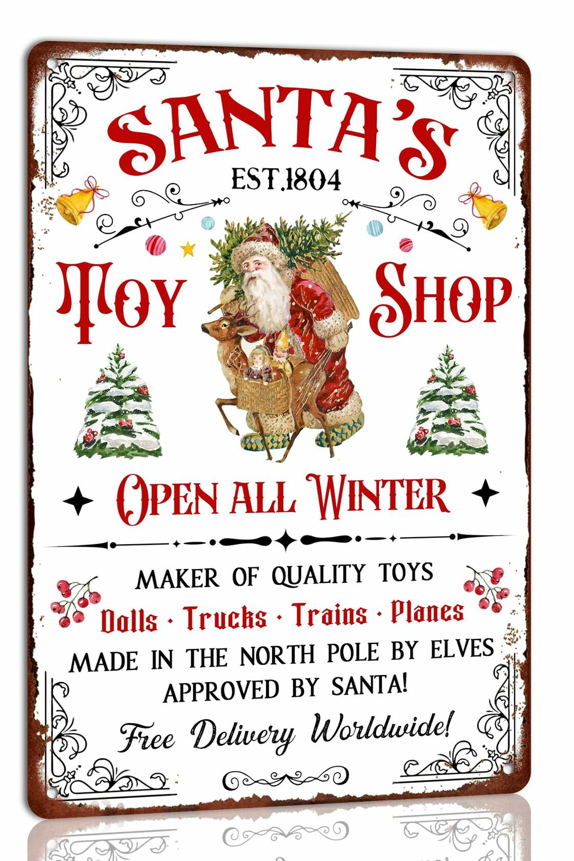 Tvdegse Santa's Toy Shop Metal Sign Retro Christmas Wall Decor 8x12 Inch