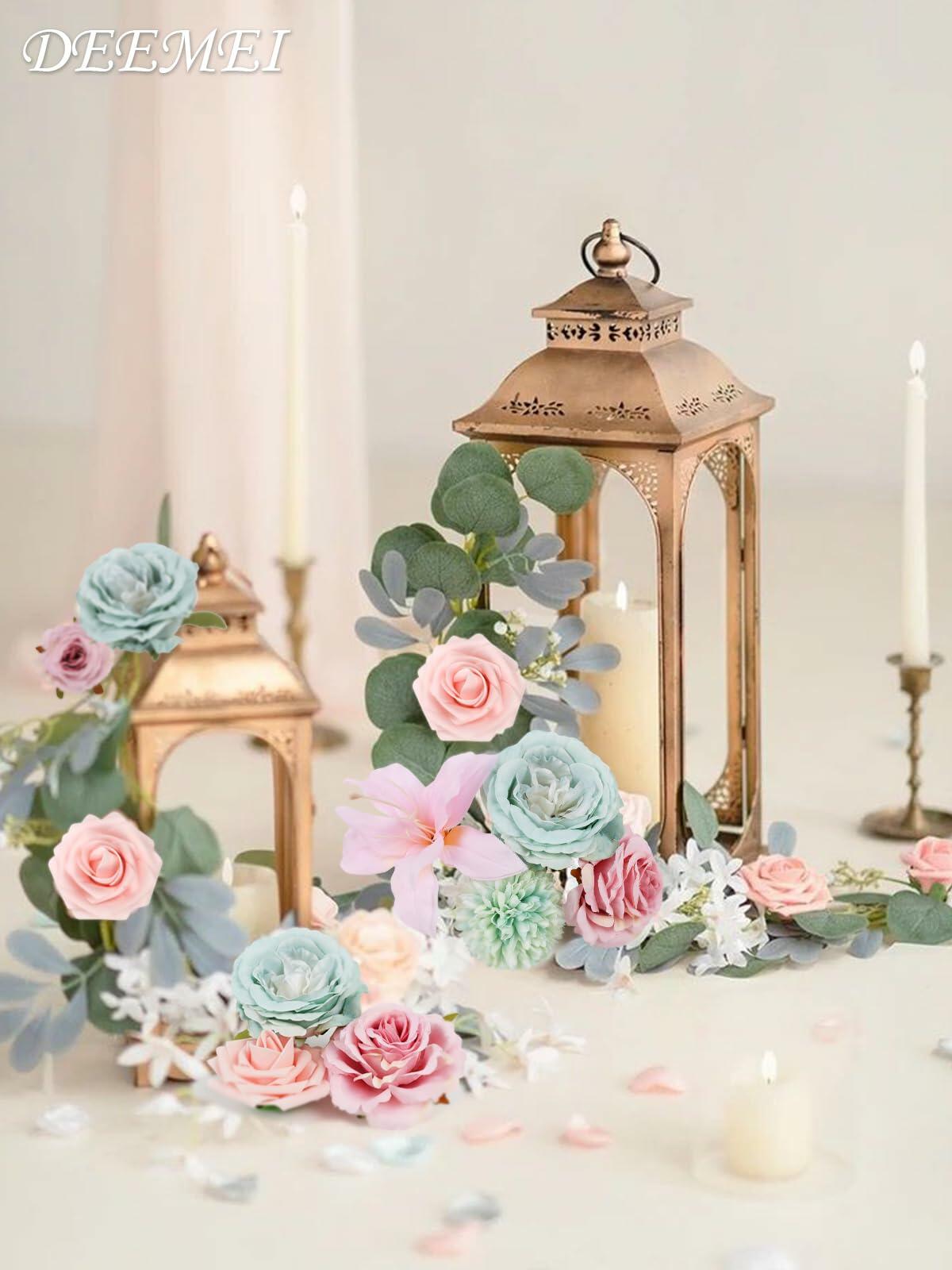 DEEMEI Artificial Pink Peach Silk Rose Peony Flowers Combo Box Set