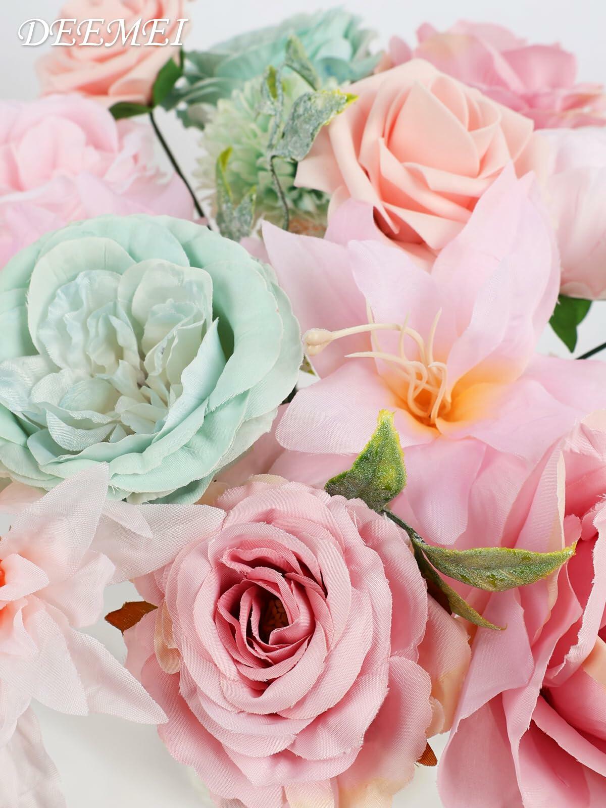 DEEMEI Artificial Pink Peach Silk Rose Peony Flowers Combo Box Set
