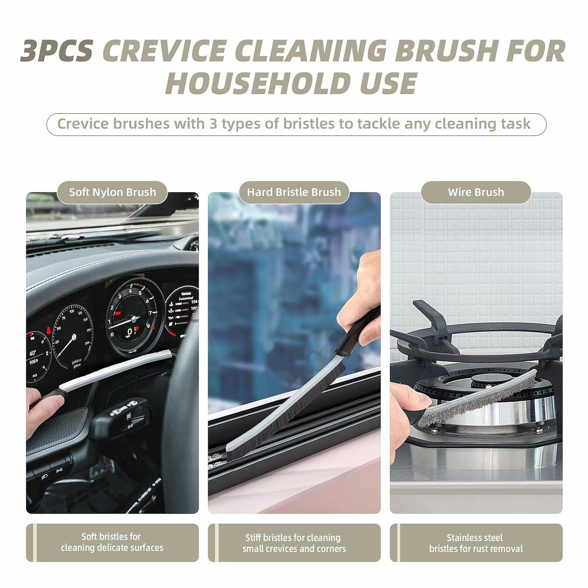 [Like New] KMOSENIA Crevice Cleaning Brush Set, Wire Brushes, Black/White, 3 pcs