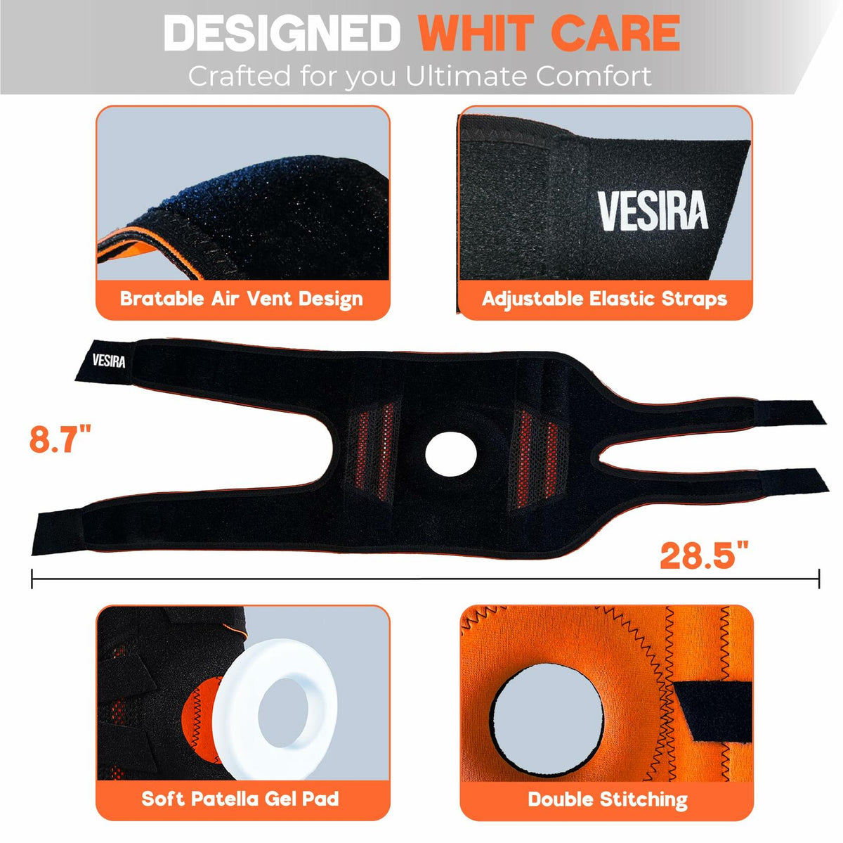 VESIRA Knee Brace Patellar Tendon Support Compression Sleeve Black
