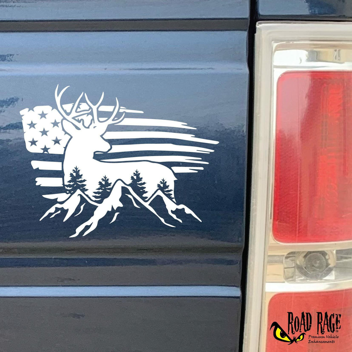 Bad Fish American Flag Buck Deer Car Decal White 1 Vinyl Sticker