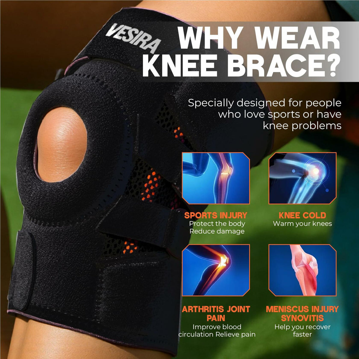 VESIRA Knee Brace Patellar Tendon Support Compression Sleeve Black