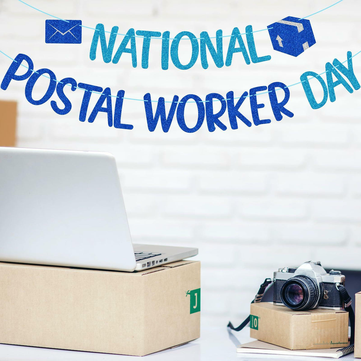 FOZEE Postal Worker Day Banner Blue Glitter Cardstock Decoration