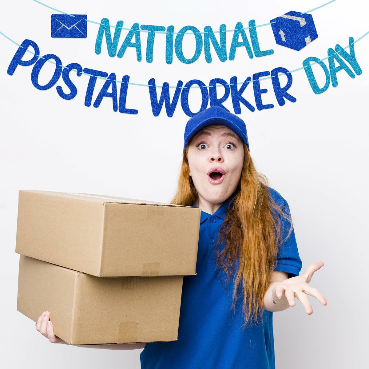 FOZEE Postal Worker Day Banner Blue Glitter Cardstock Decoration