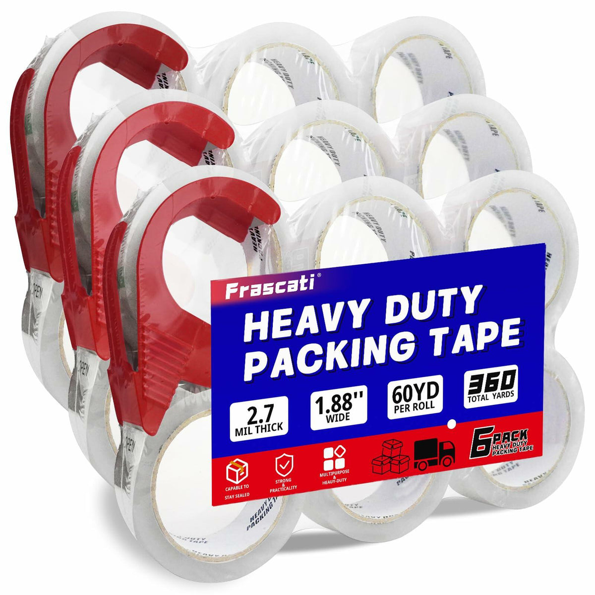 Frascati Heavy Duty Packing Tape 18 Pack 1.88in x 60yd Clear with 3 Dispensers