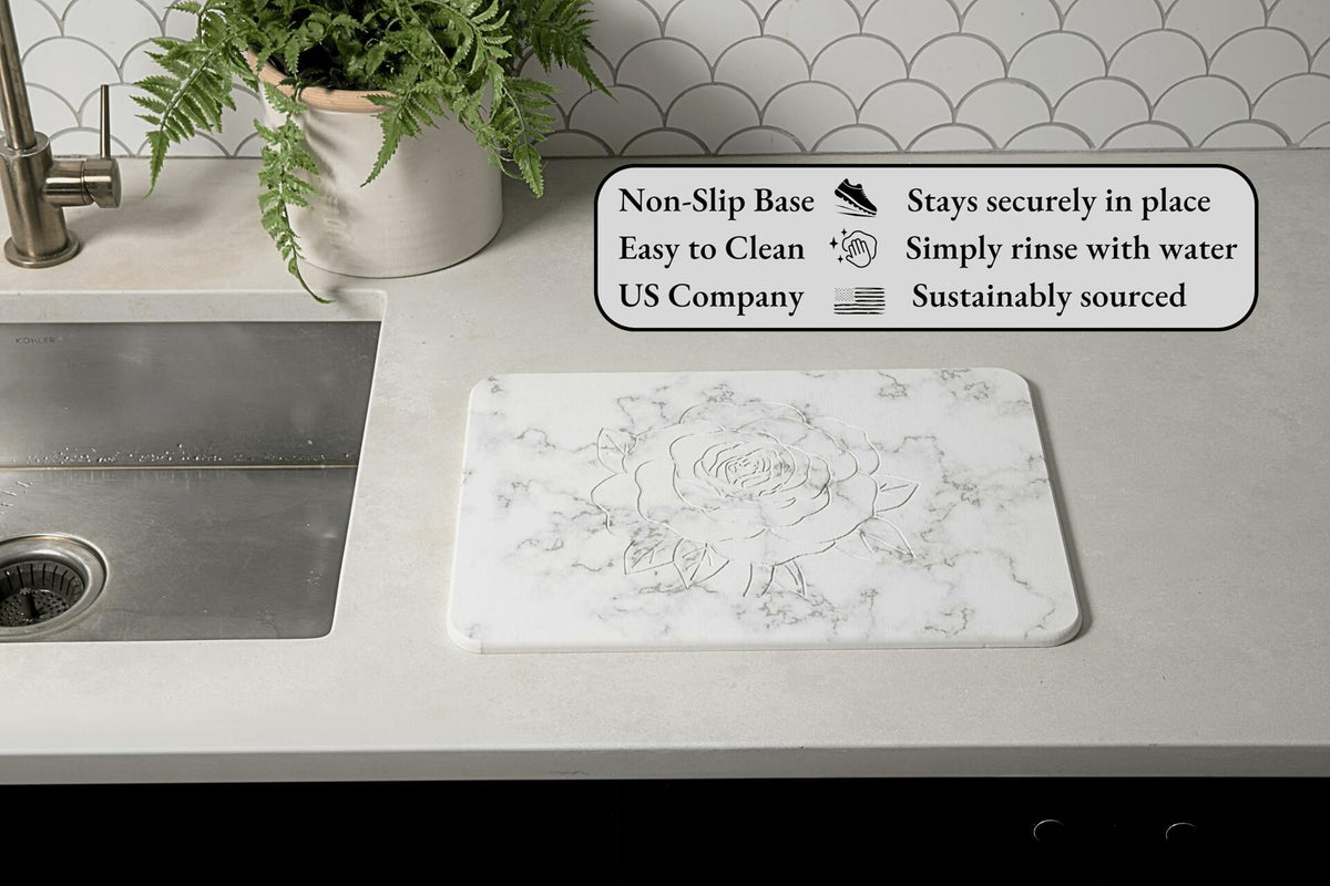 Stranor Engraved Rose Stone Drying Mat Floral 15.7x11.8 Ivory