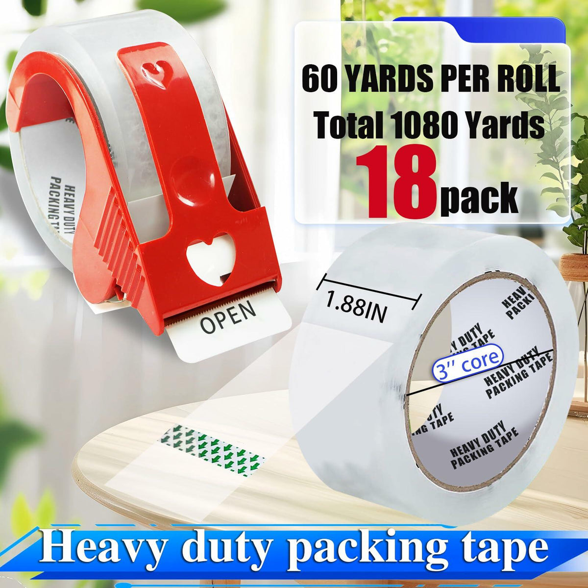 Frascati Heavy Duty Packing Tape 18 Pack 1.88in x 60yd Clear with 3 Dispensers