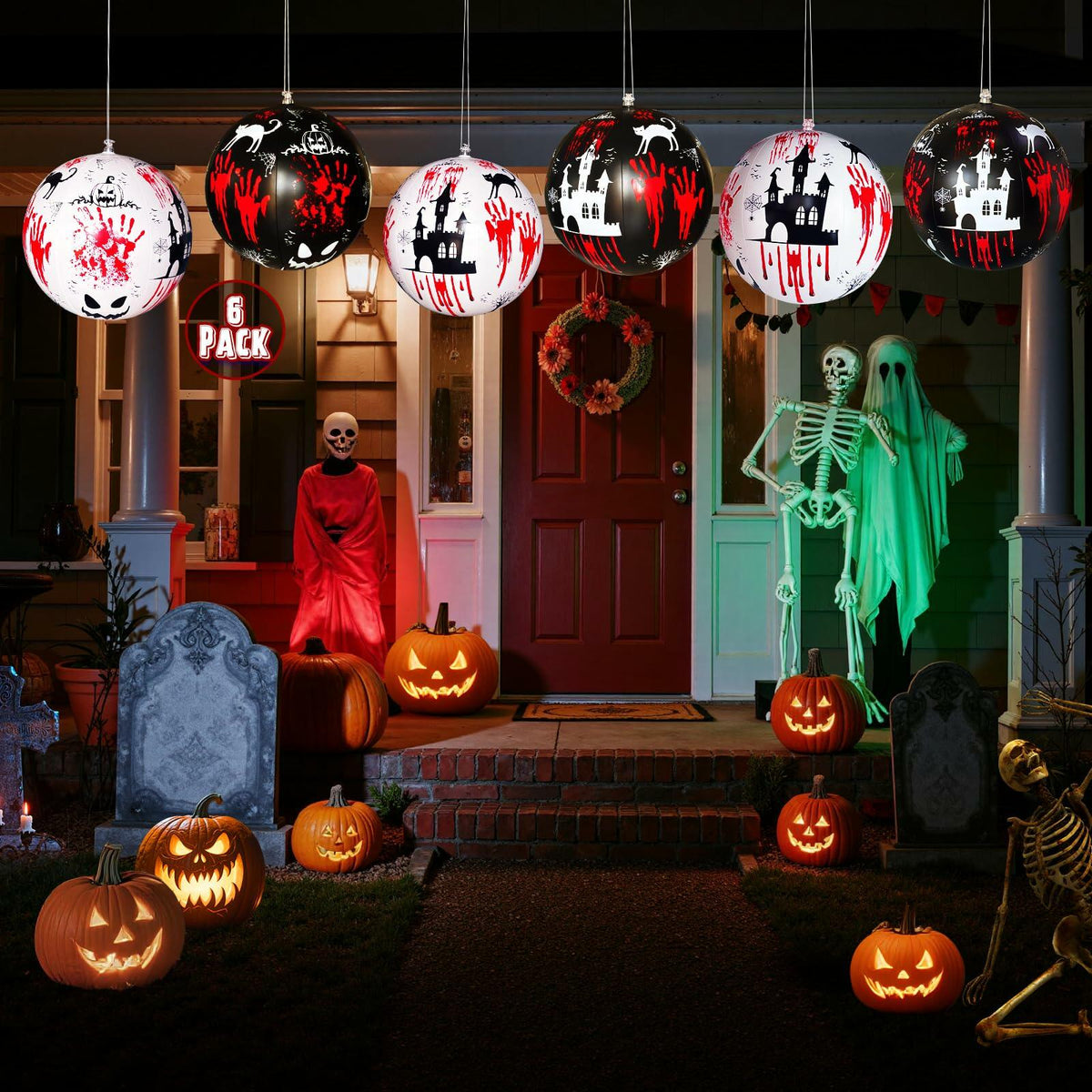 SEETOHOME 6 PCS 11.8in Inflatable Halloween Hanging Balls Black White Decor