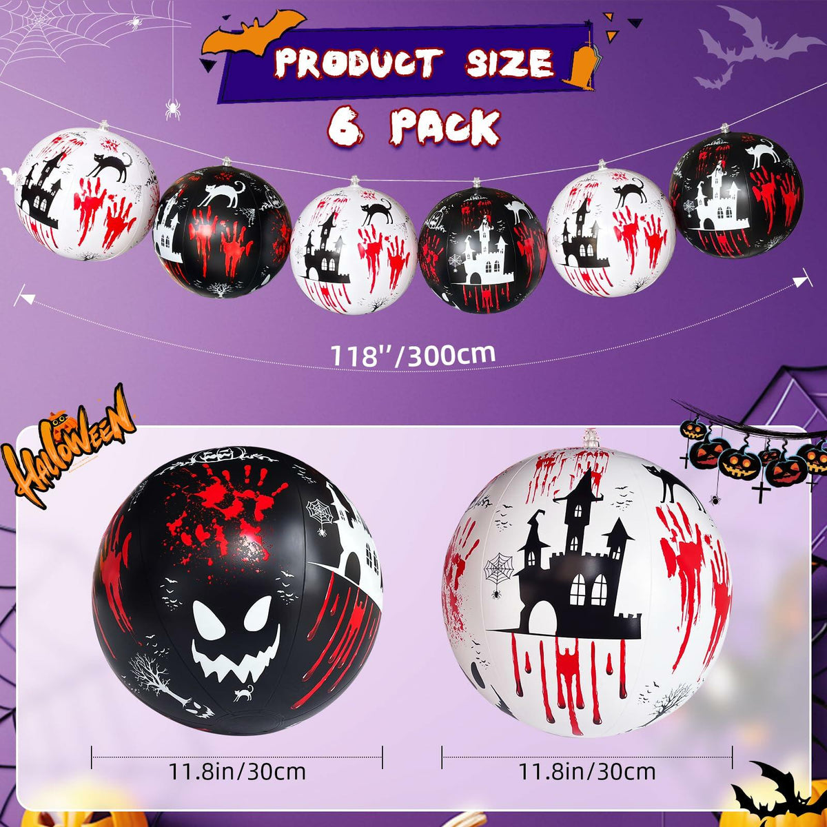 SEETOHOME 6 PCS 11.8in Inflatable Halloween Hanging Balls Black White Decor