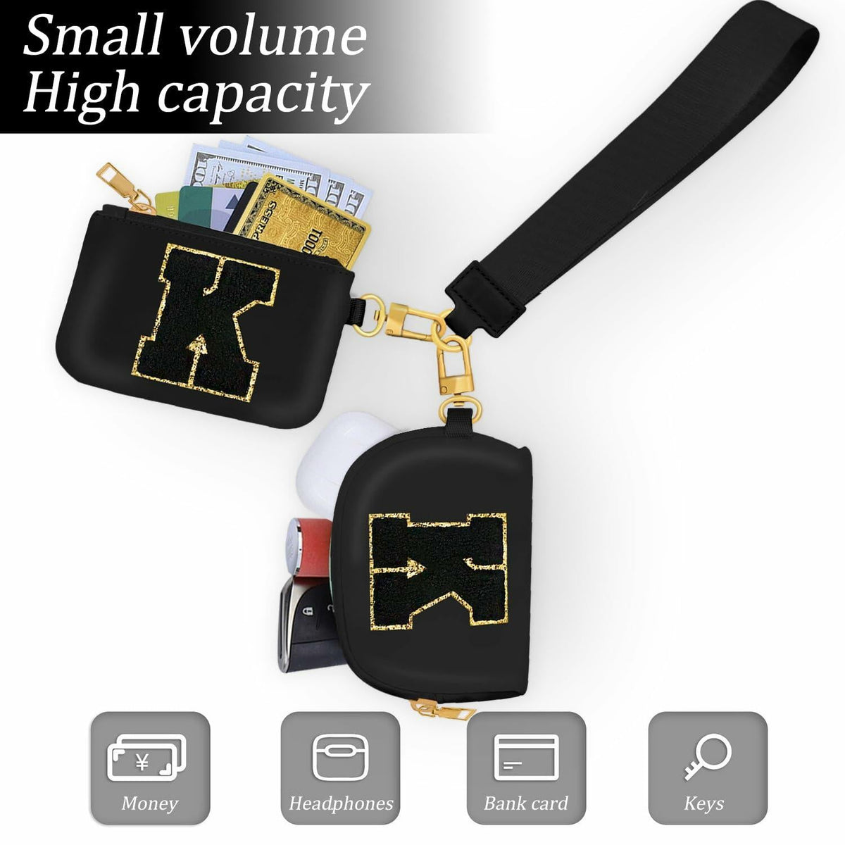 ARIKJ Initial Wristlet Wallet Dual Pouch Mini Coin Purse Black B