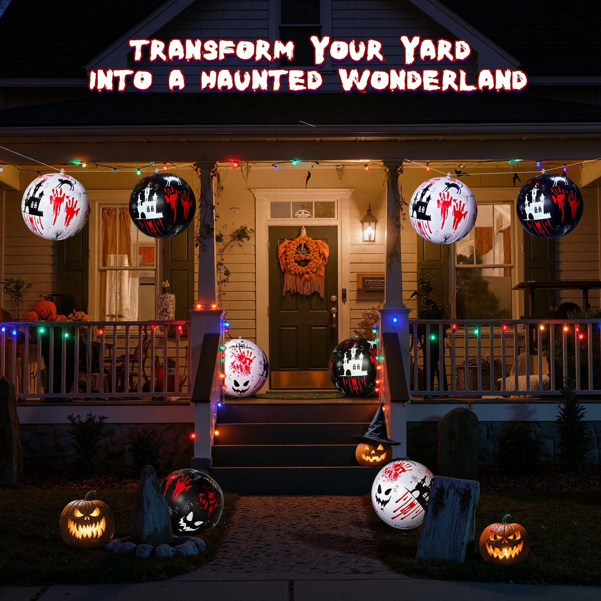 SEETOHOME 6 PCS 11.8in Inflatable Halloween Hanging Balls Black White Decor