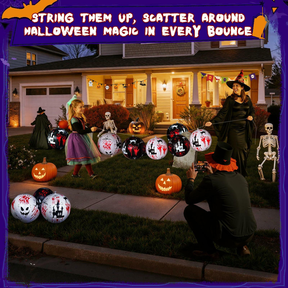 SEETOHOME 6 PCS 11.8in Inflatable Halloween Hanging Balls Black White Decor