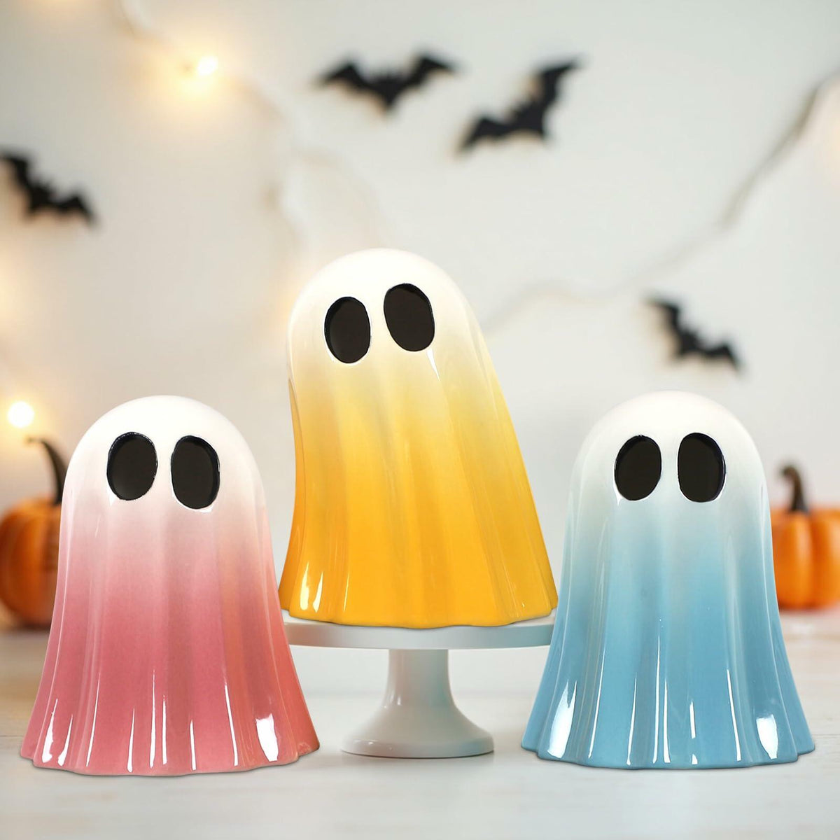 DAZONGE Halloween Ceramic Ghost Figurines Set of 3 Pink Yellow Blue Indoor