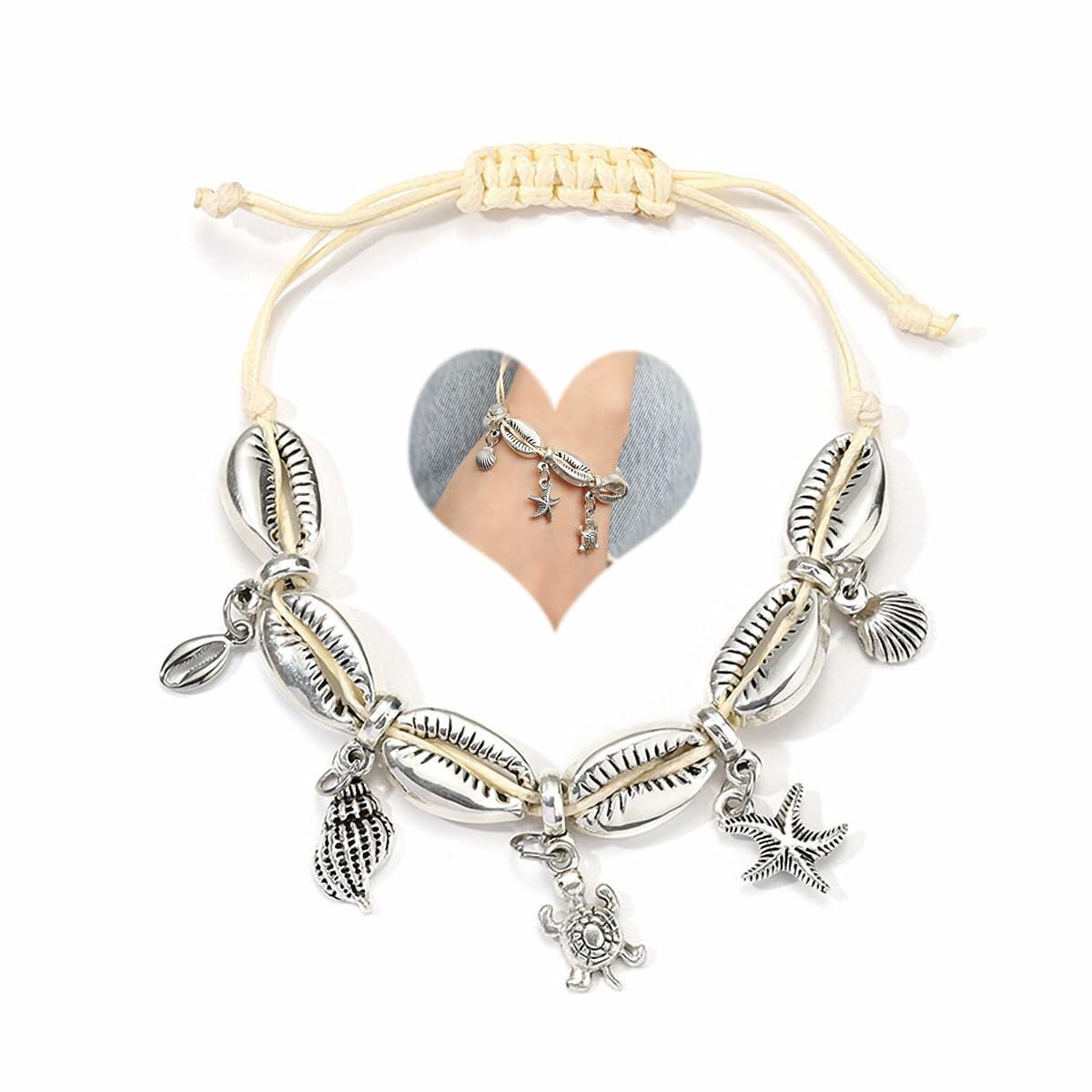 Bethynas Bohemian Shell Beads Pendant Adjustable Anklet Bracelet Silver