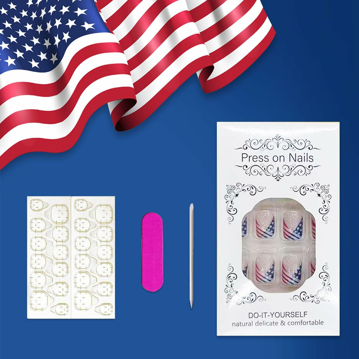 Independence Day Press On Nails Short Square USA Flag Patriotic Design