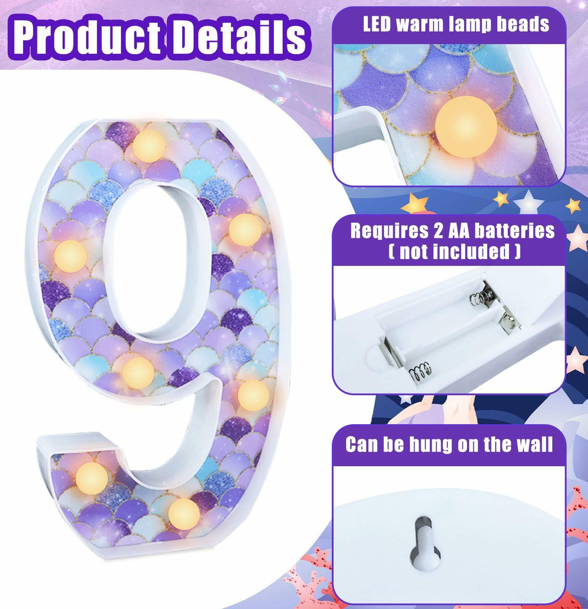MUNILAIL Mermaid Birthday Number 9 Light Up Sign Plastic Party Decor