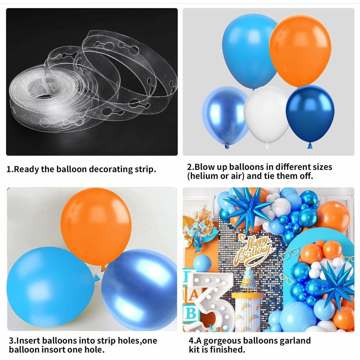 Sowide Orange Blue White Balloon Garland Arch Kit with Star Foil Balloons