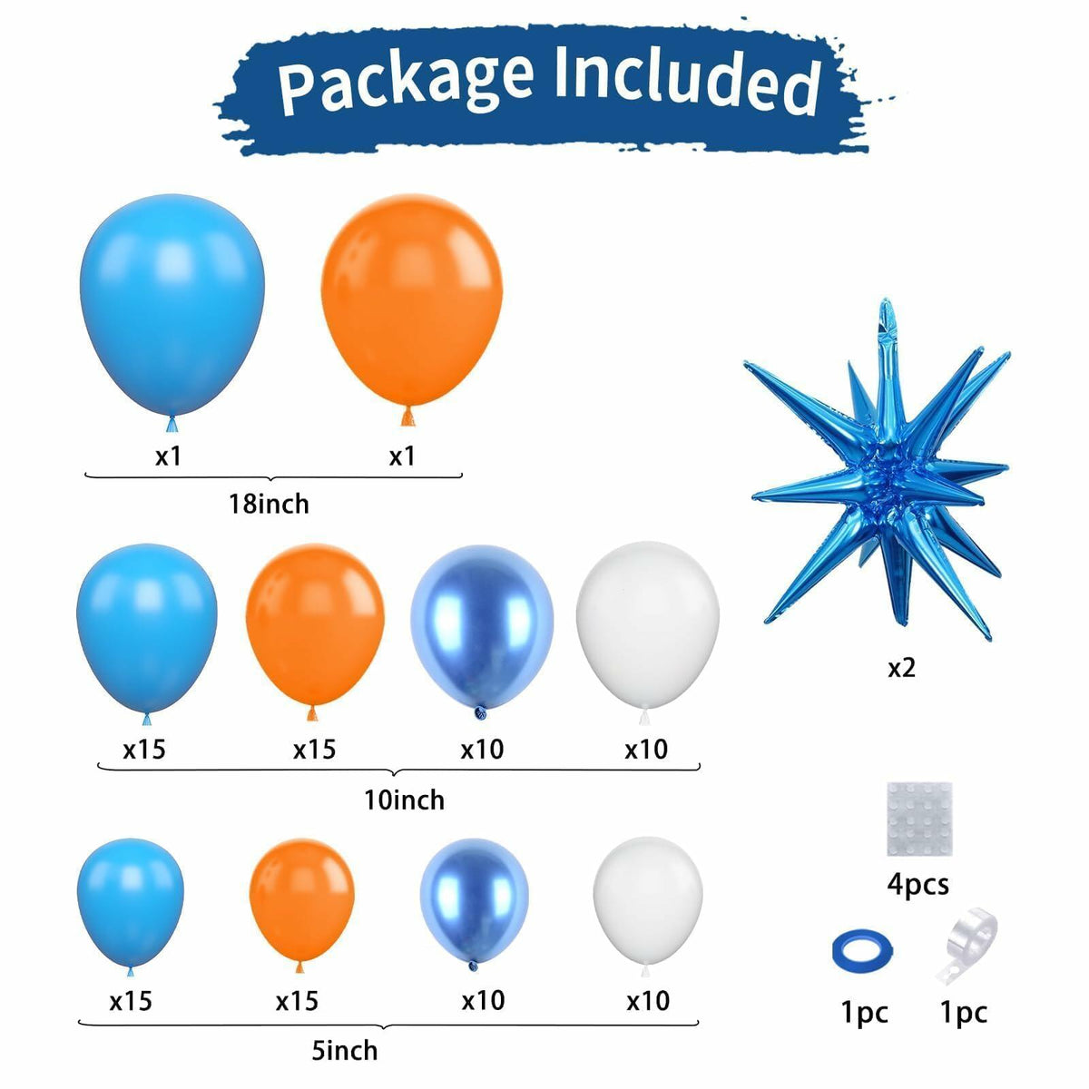Sowide Orange Blue White Balloon Garland Arch Kit with Star Foil Balloons