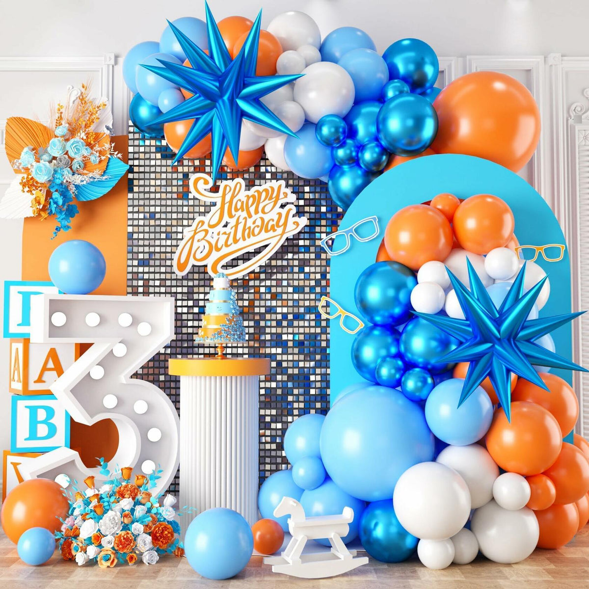 Sowide Orange Blue White Balloon Garland Arch Kit with Star Foil Balloons