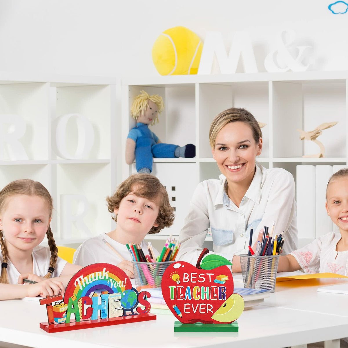 Amyhill 4 Pcs Teacher Appreciation Wooden Table Centerpieces Decorations