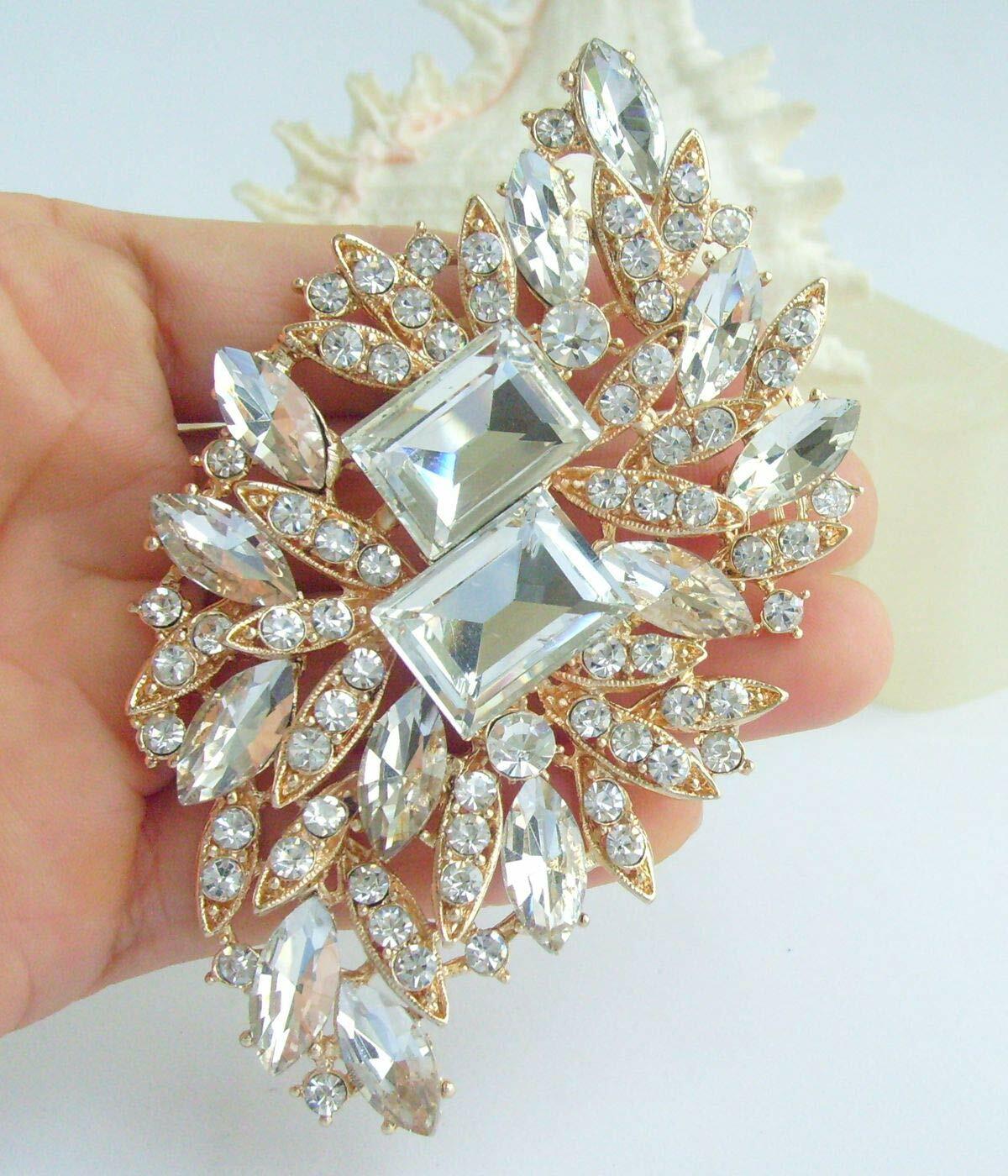 Sindary Austrian Crystal Flower Brooch Pin Gold-Tone Clear 3.94"
