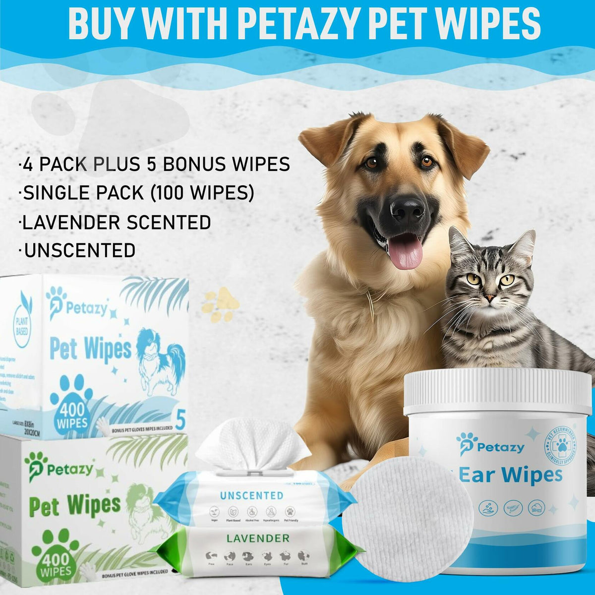 BestBy06/27 Petazy Dog Ear Wipes Unscented Natural Soothing 120 XL Pcs