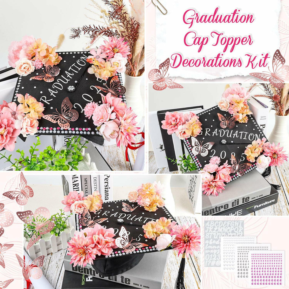 Kimkusia 2025 Graduation Cap Decorations Kit Pink Letters Flowers Topper