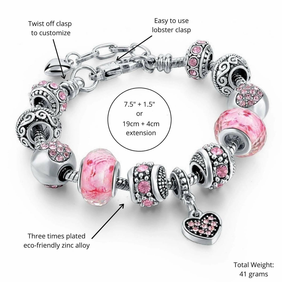 Sowist Capital Charms Silver Plated Pink Hearts Charm Bracelet Set 7.5+1.5"