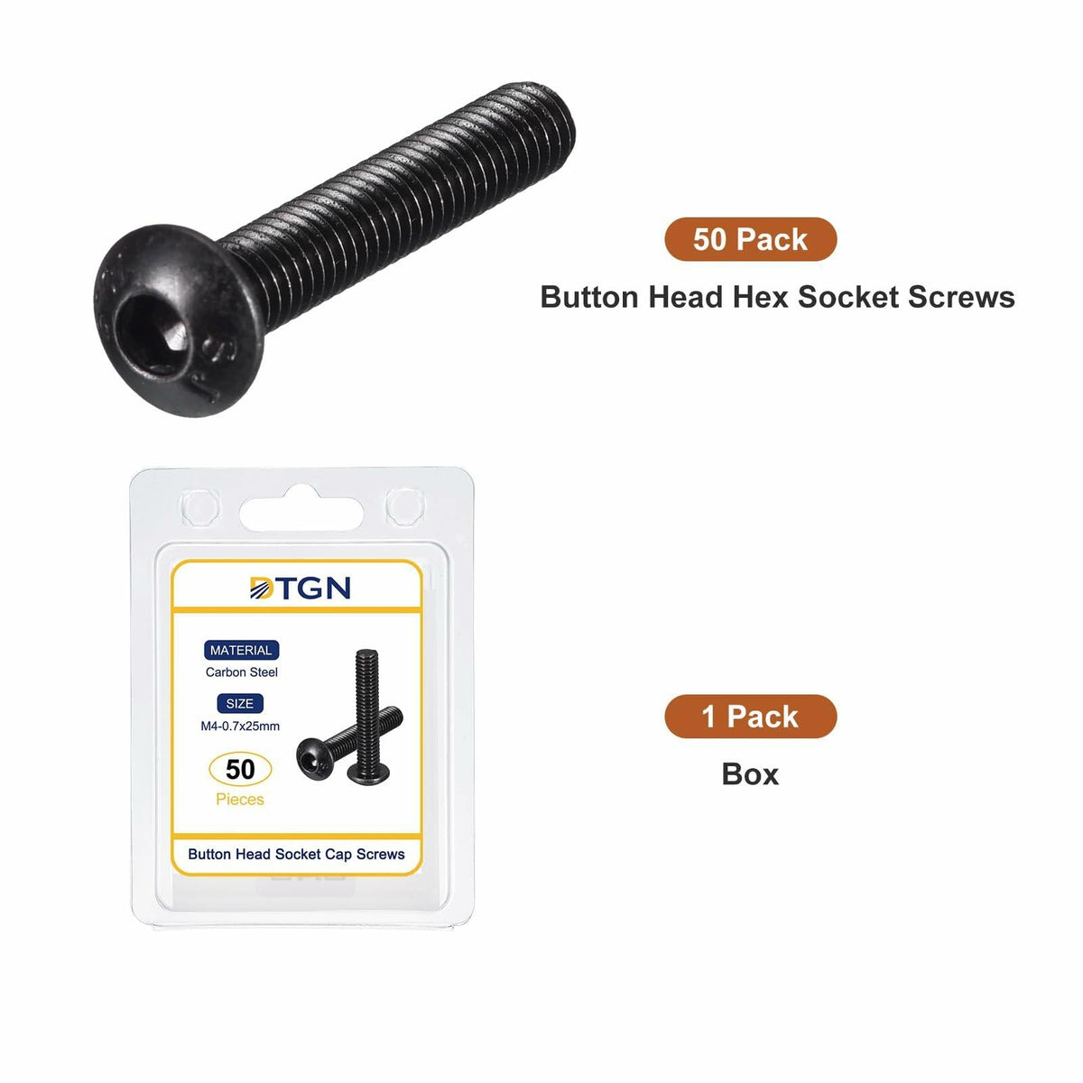 DTGN M4-0.7x25mm Button Head Socket Cap Screws 50pcs Black Carbon Steel Hex