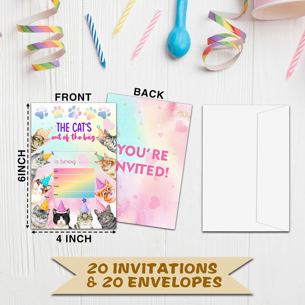 Preuf Cat Birthday Invitations 20 Cards + Envelopes Rainbow Paw-ty Double-Sided