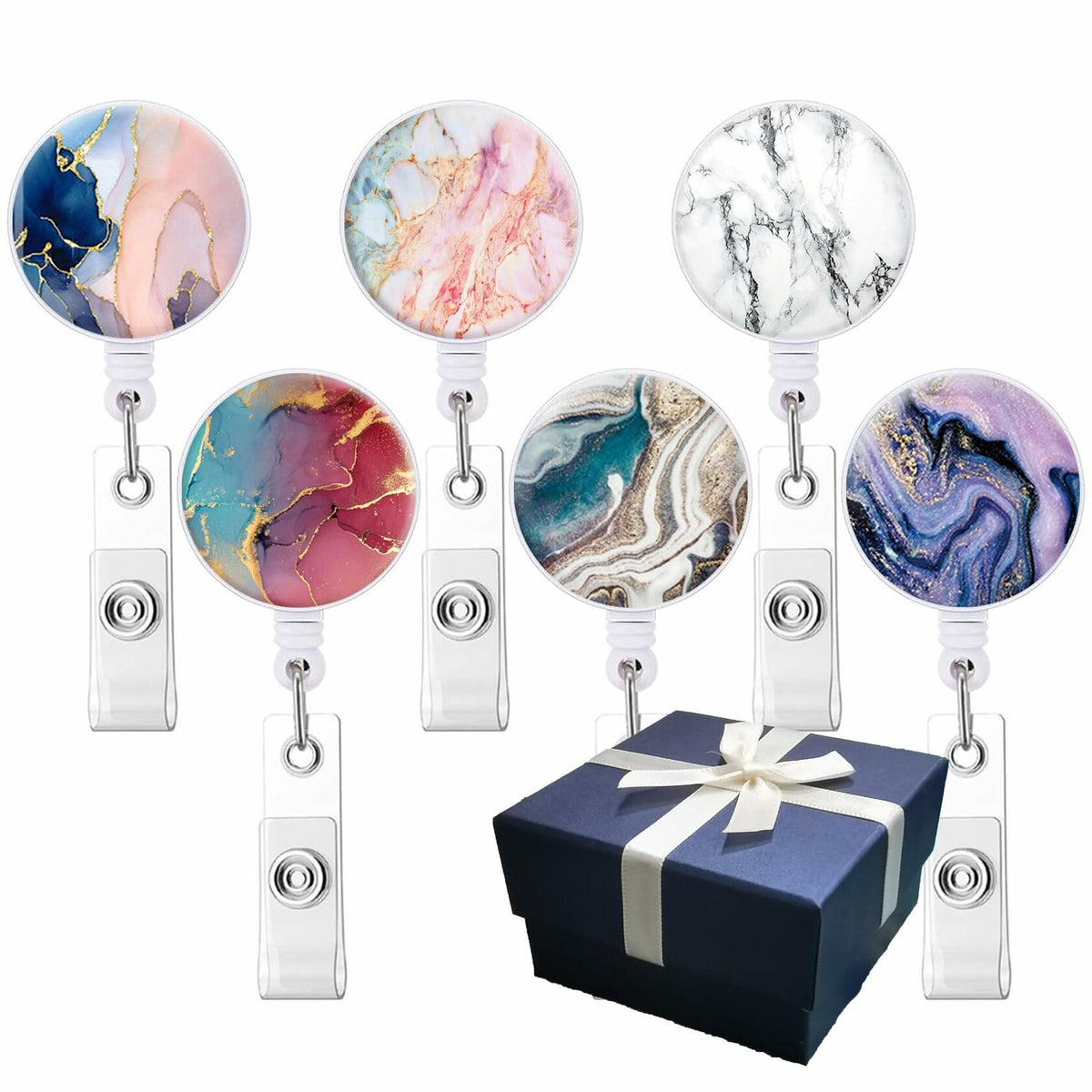 YISHIYOUNI 6 Pack Mixed Pattern Retractable Badge Holders Pink Marble