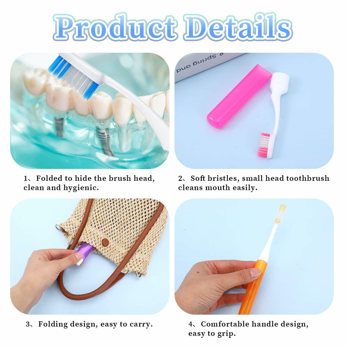 Piriuuo Travel Toothbrush Set 4 Pcs Foldable Soft Bristles 4 Colors