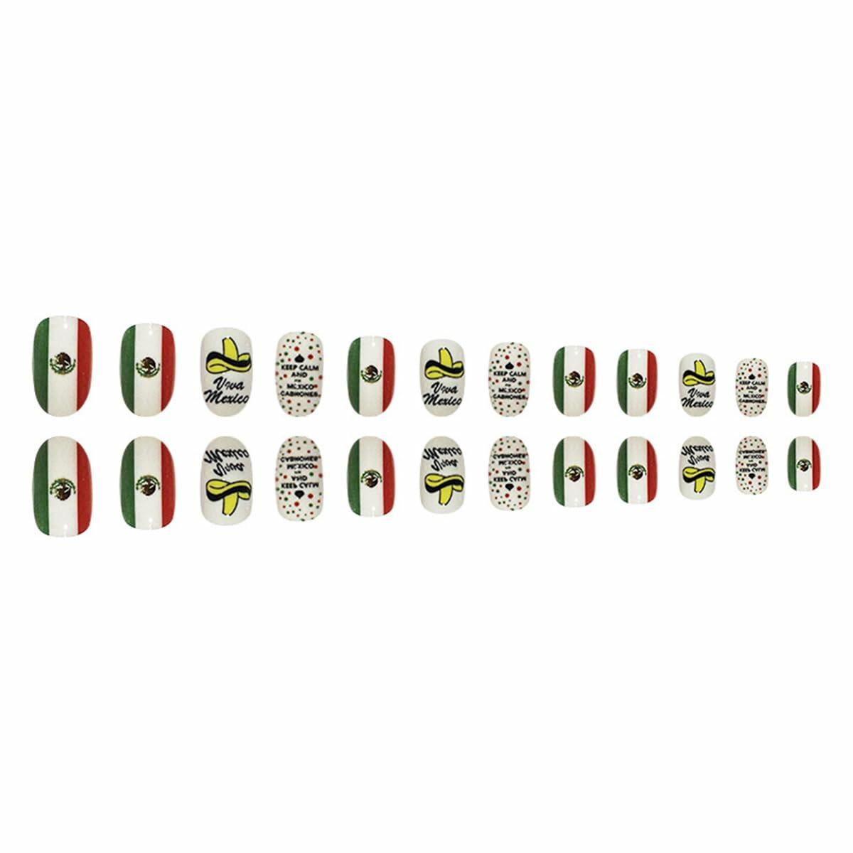 Mexican Press on Nails 24pcs Oval False Nails with Glue Flag Hat Design