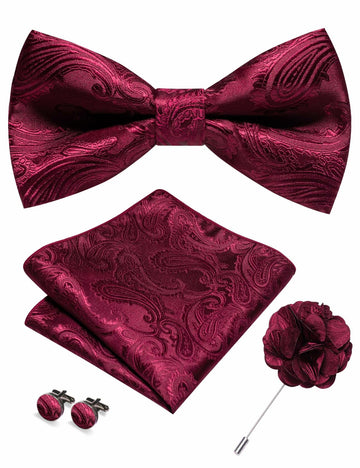 RBOCOTT Red Paisley Bow Tie Pocket Square Lapel Pin Cufflinks Set for Men