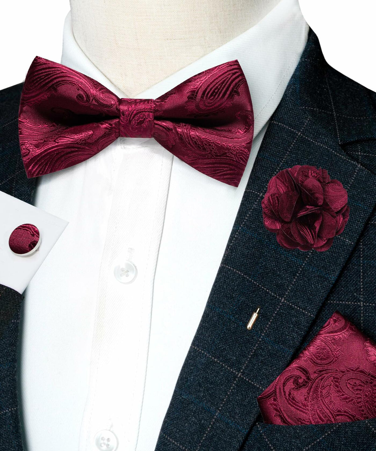RBOCOTT Red Paisley Bow Tie Pocket Square Lapel Pin Cufflinks Set for Men